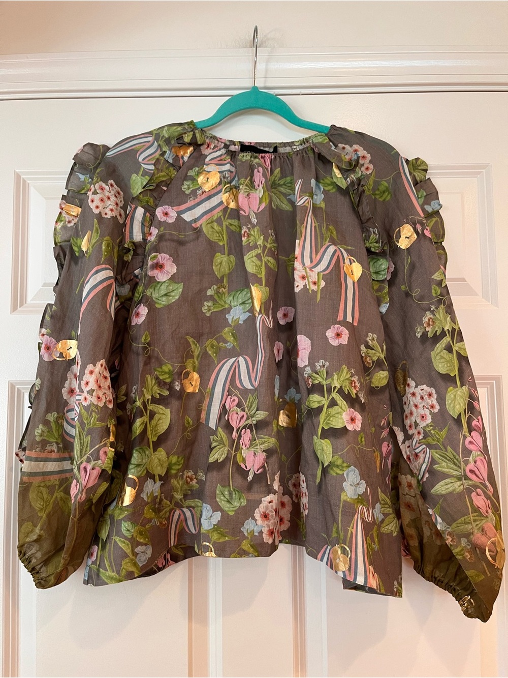 NWOT Cynthia Rowley Designer Dawn Blouse Large Floral Ruffle Gold Foil ~$345 - Picture 6 of 15